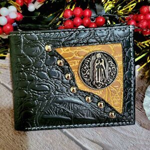 Virgen De Guadalupe Wallet Western Short Bifold Croc pattern black faux leather